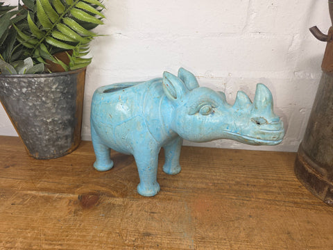 Vibrant Hand Made Clay Terracotta Rhino  Animal Planter Plant Pot