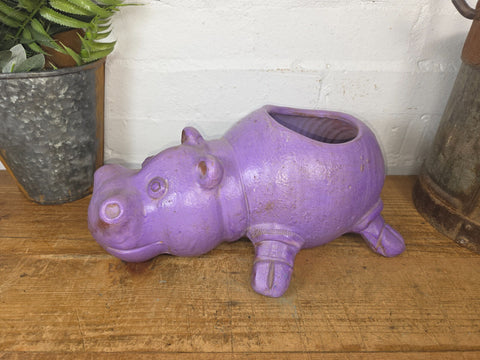 Vibrant Hand Made Clay Terracotta Hippo Animal Planter Plant Pot