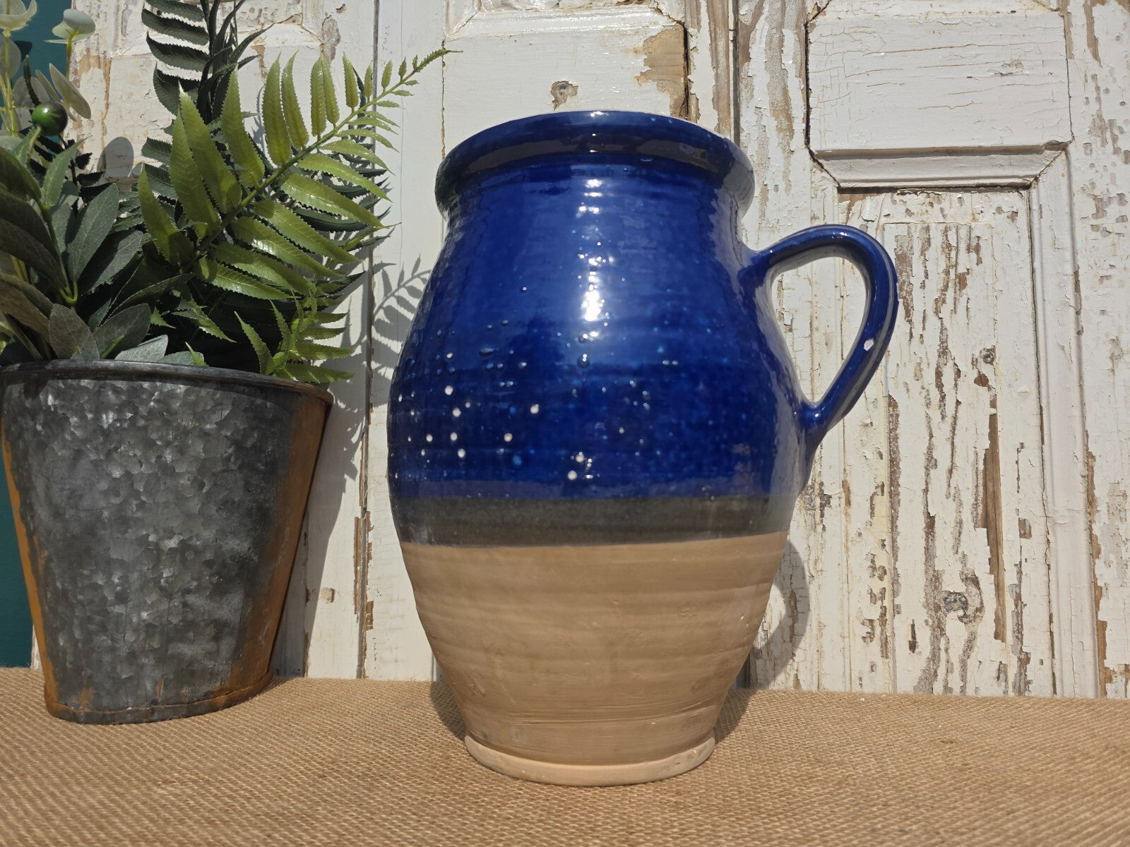 Rustic Hand Made Blue Glazed Clay Terracotta French Style Confit Pot