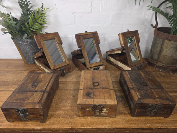 Reclaimed Rustic Indian Solid Wooden Shaving Make Up Box With Mirror