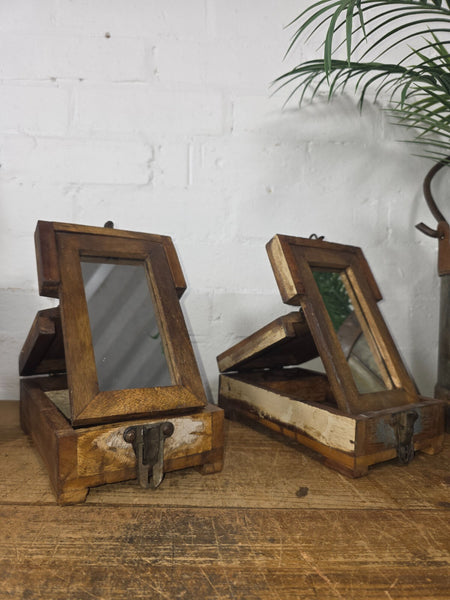 Reclaimed Rustic Indian Solid Wooden Shaving Make Up Box With Mirror