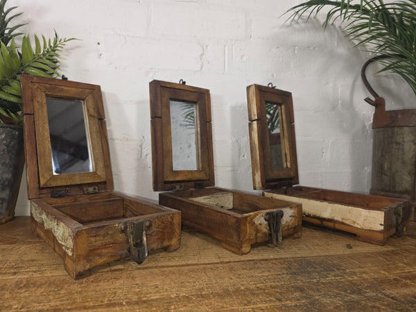 Reclaimed Rustic Indian Solid Wooden Shaving Make Up Box With Mirror