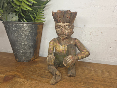 Old Vintage Indian Polychrome Hand Carved Wooden Musician Statue Sculpture