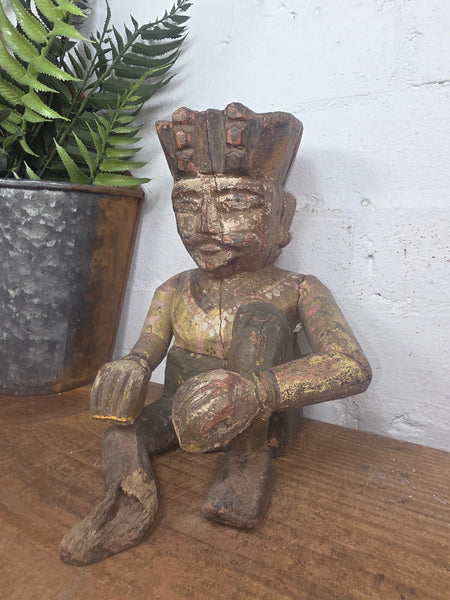 Old Vintage Indian Polychrome Hand Carved Wooden Musician Statue Sculpture