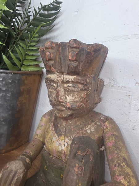 Old Vintage Indian Polychrome Hand Carved Wooden Musician Statue Sculpture