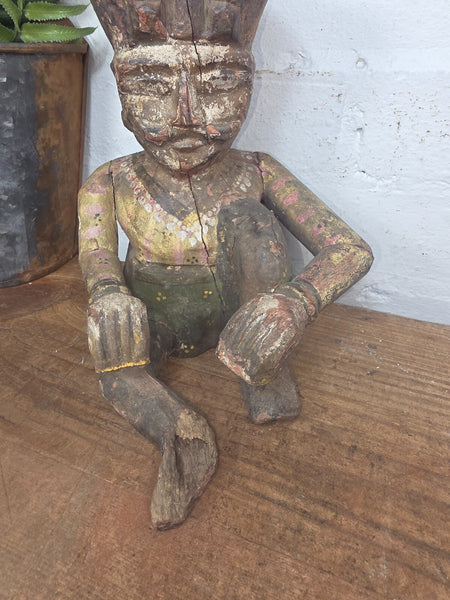 Old Vintage Indian Polychrome Hand Carved Wooden Musician Statue Sculpture