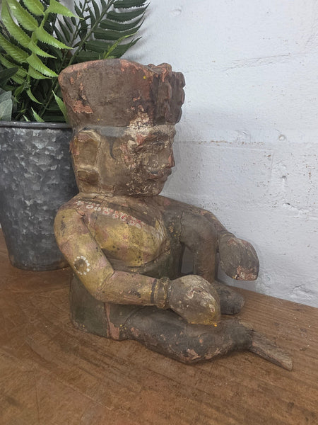 Old Vintage Indian Polychrome Hand Carved Wooden Musician Statue Sculpture