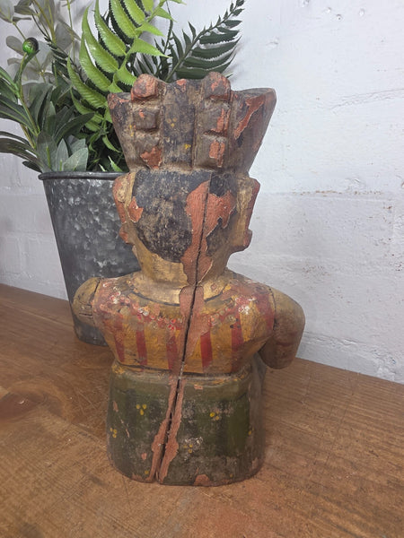 Old Vintage Indian Polychrome Hand Carved Wooden Musician Statue Sculpture