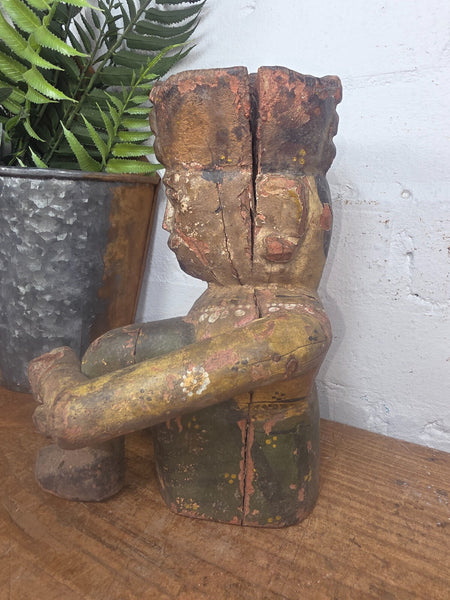 Old Vintage Indian Polychrome Hand Carved Wooden Musician Statue Sculpture