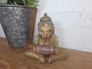 Old Vintage Indian Polychrome  Carved Wooden Ganesha Musician Statue Sculpture