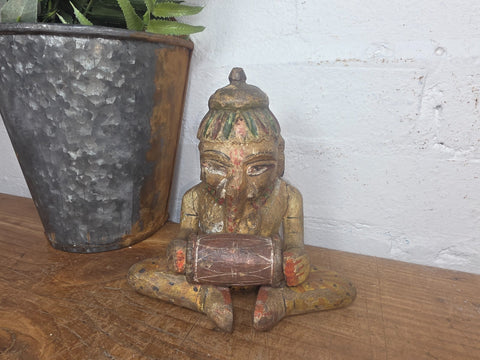 Old Vintage Indian Polychrome  Carved Wooden Ganesha Musician Statue Sculpture