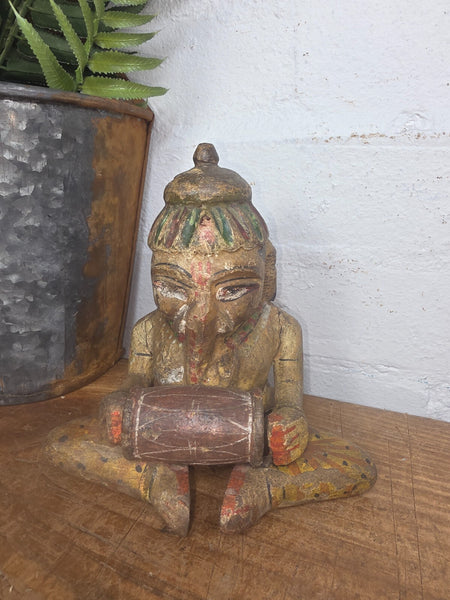 Old Vintage Indian Polychrome  Carved Wooden Ganesha Musician Statue Sculpture