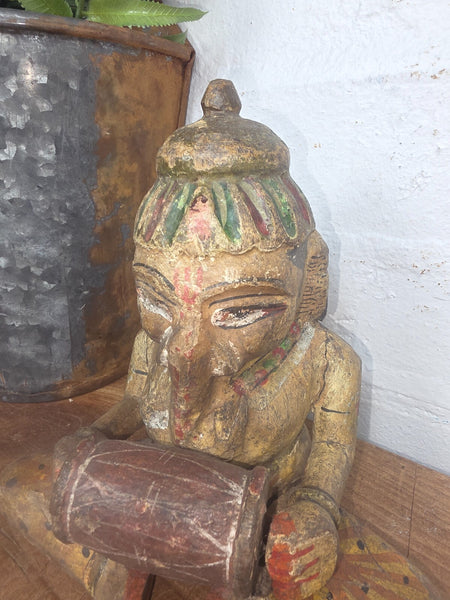Old Vintage Indian Polychrome  Carved Wooden Ganesha Musician Statue Sculpture