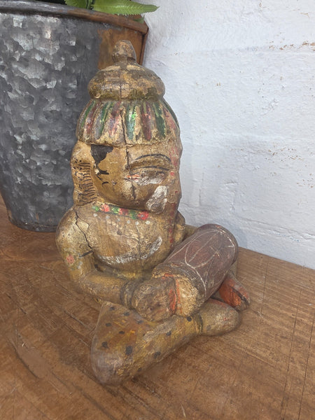 Old Vintage Indian Polychrome  Carved Wooden Ganesha Musician Statue Sculpture