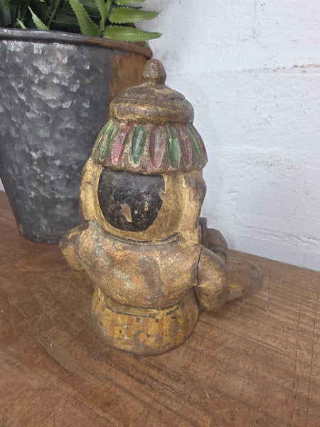 Old Vintage Indian Polychrome  Carved Wooden Ganesha Musician Statue Sculpture