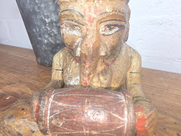 Old Vintage Indian Polychrome  Carved Wooden Ganesha Musician Statue Sculpture