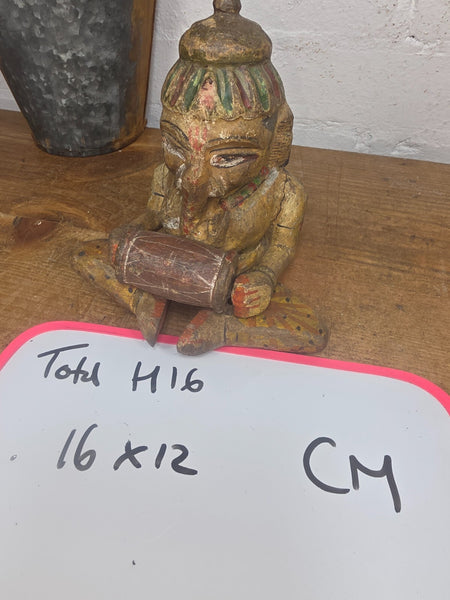Old Vintage Indian Polychrome  Carved Wooden Ganesha Musician Statue Sculpture