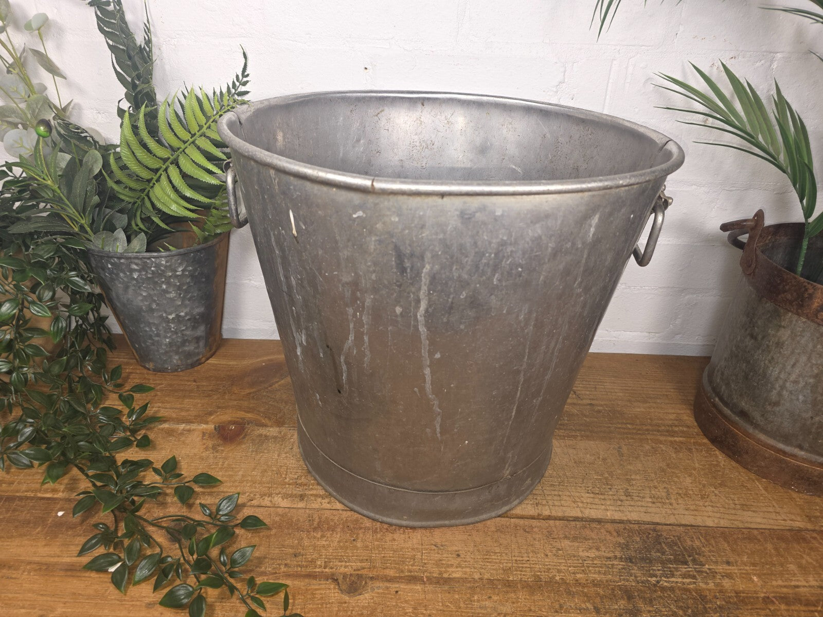 Large Vintage Rustic Metal Galvanised Stainless Steel Pail Garden Planter