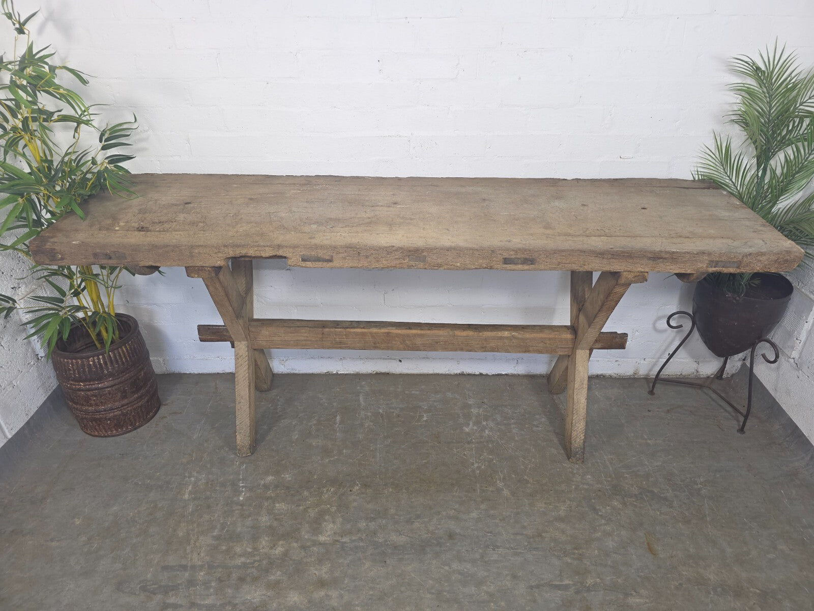 Antique Primitive Rustic Wooden Butchers Block Console Hallway Table Pig Bench