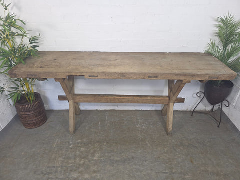 Antique Primitive Rustic Wooden Butchers Block Console Hallway Table Pig Bench