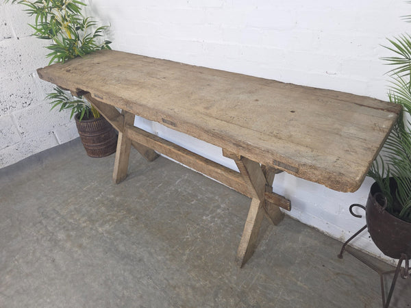 Antique Primitive Rustic Wooden Butchers Block Console Hallway Table Pig Bench
