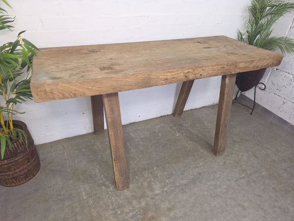 Antique Primitive Rustic Wooden Butchers Block Console Hallway Table Pig Bench
