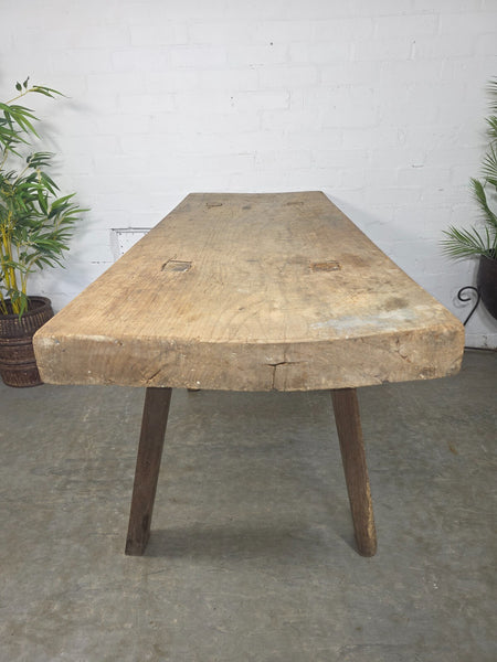 Antique Primitive Rustic Wooden Butchers Block Console Hallway Table Pig Bench