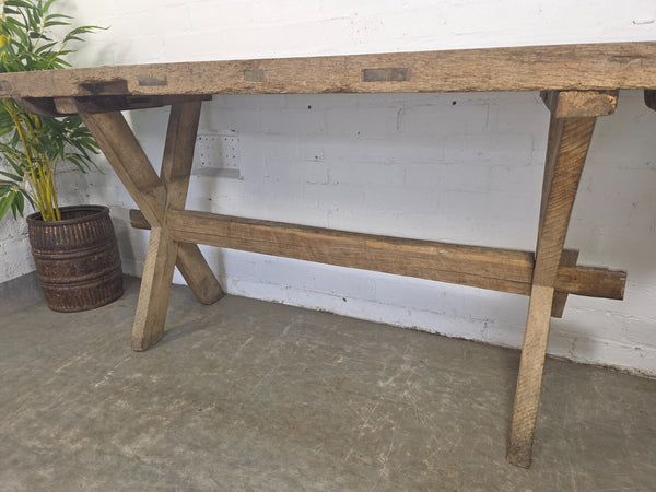 Antique Primitive Rustic Wooden Butchers Block Console Hallway Table Pig Bench