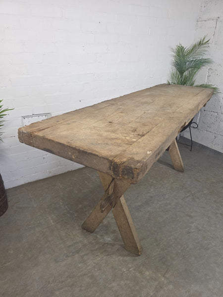 Antique Primitive Rustic Wooden Butchers Block Console Hallway Table Pig Bench