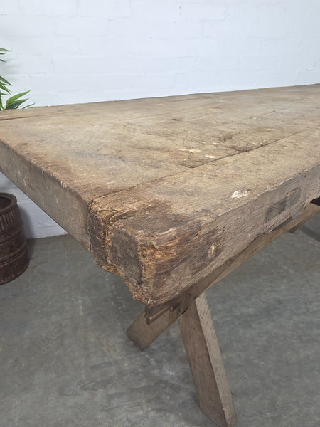 Antique Primitive Rustic Wooden Butchers Block Console Hallway Table Pig Bench