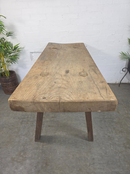 Antique Primitive Rustic Wooden Butchers Block Console Hallway Table Pig Bench