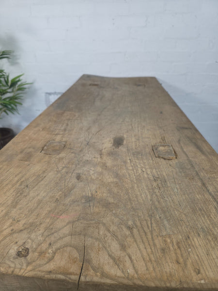 Antique Primitive Rustic Wooden Butchers Block Console Hallway Table Pig Bench