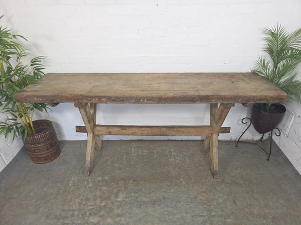 Antique Primitive Rustic Wooden Butchers Block Console Hallway Table Pig Bench