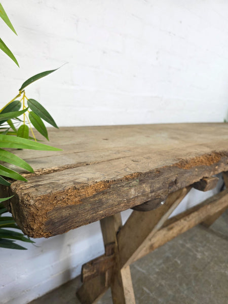 Antique Primitive Rustic Wooden Butchers Block Console Hallway Table Pig Bench