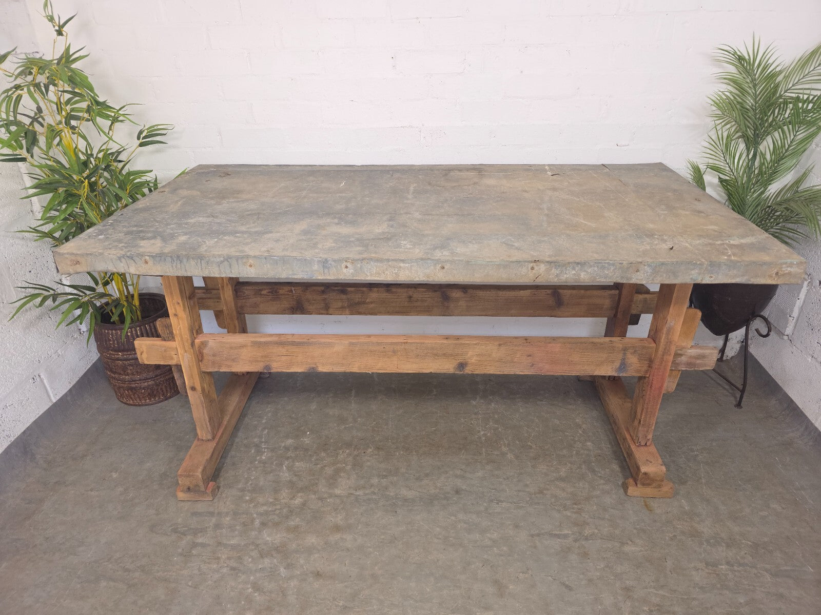 Large Antique French Rustic Galvanised Zinc Top Prep Potting Dining Table