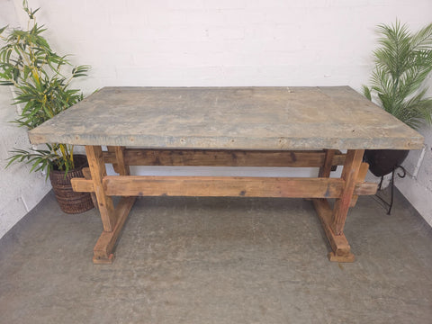 Large Antique French Rustic Galvanised Zinc Top Prep Potting Dining Table