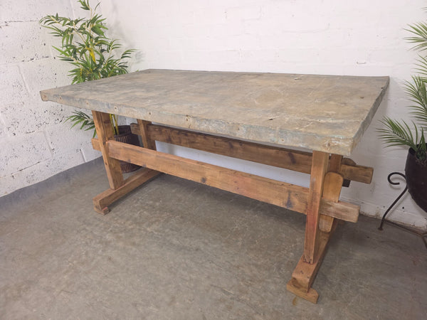 Large Antique French Rustic Galvanised Zinc Top Prep Potting Dining Table