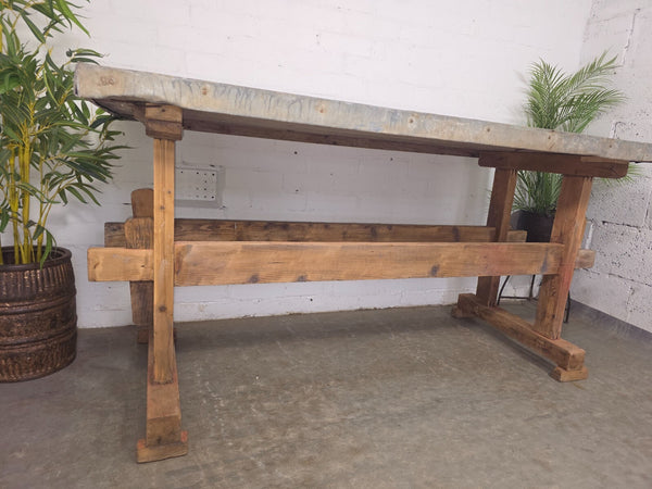 Large Antique French Rustic Galvanised Zinc Top Prep Potting Dining Table
