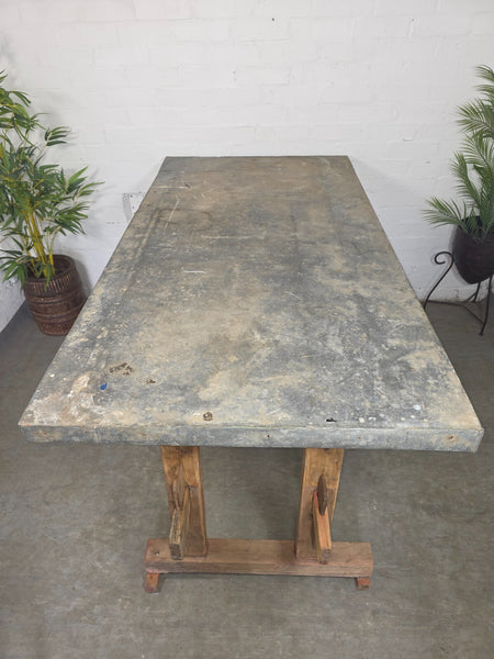 Large Antique French Rustic Galvanised Zinc Top Prep Potting Dining Table