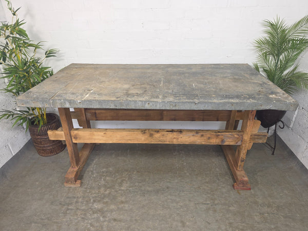 Large Antique French Rustic Galvanised Zinc Top Prep Potting Dining Table