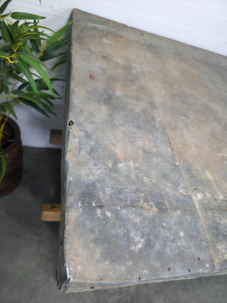Large Antique French Rustic Galvanised Zinc Top Prep Potting Dining Table