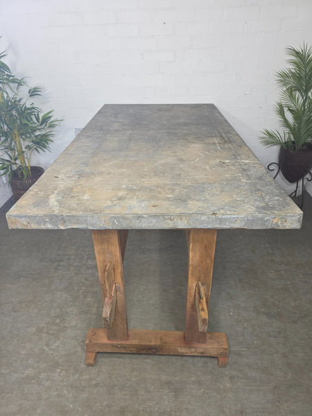 Large Antique French Rustic Galvanised Zinc Top Prep Potting Dining Table
