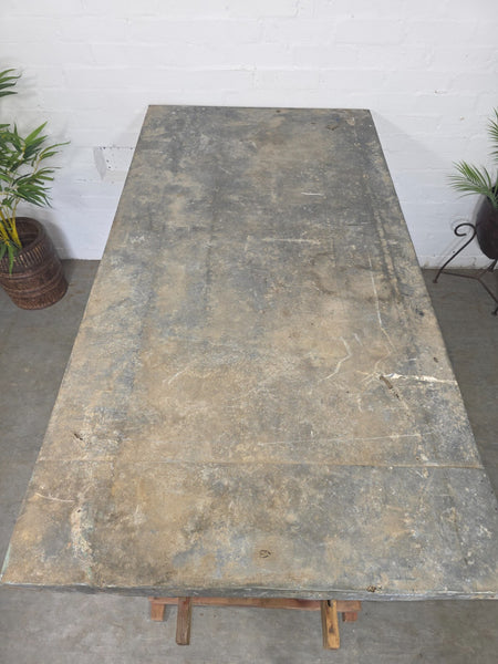 Large Antique French Rustic Galvanised Zinc Top Prep Potting Dining Table
