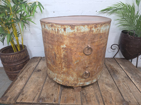 Vintage Reclaimed Galvanised Riveted Metal Barrel Drum Coffee Side Table