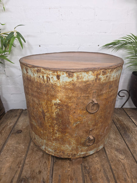 Vintage Reclaimed Galvanised Riveted Metal Barrel Drum Coffee Side Table