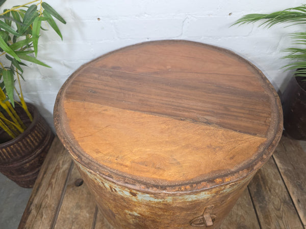 Vintage Reclaimed Galvanised Riveted Metal Barrel Drum Coffee Side Table