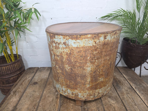 Vintage Reclaimed Galvanised Riveted Metal Barrel Drum Coffee Side Table