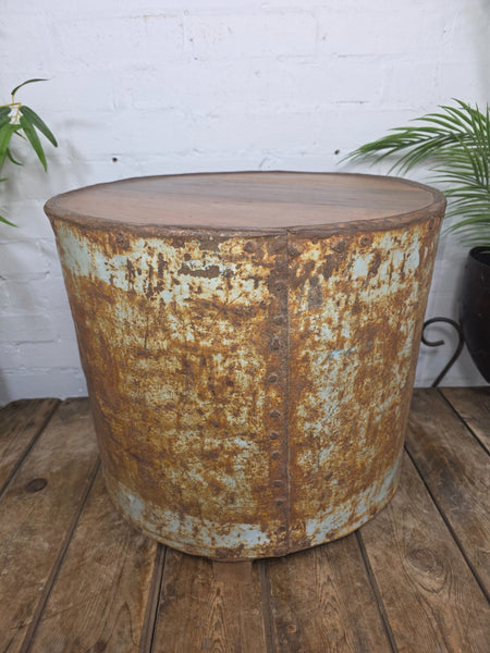 Vintage Reclaimed Galvanised Riveted Metal Barrel Drum Coffee Side Table