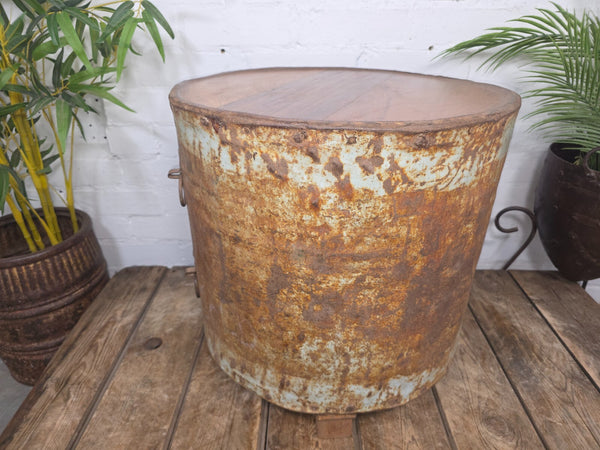 Vintage Reclaimed Galvanised Riveted Metal Barrel Drum Coffee Side Table