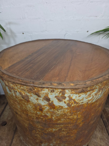 Vintage Reclaimed Galvanised Riveted Metal Barrel Drum Coffee Side Table